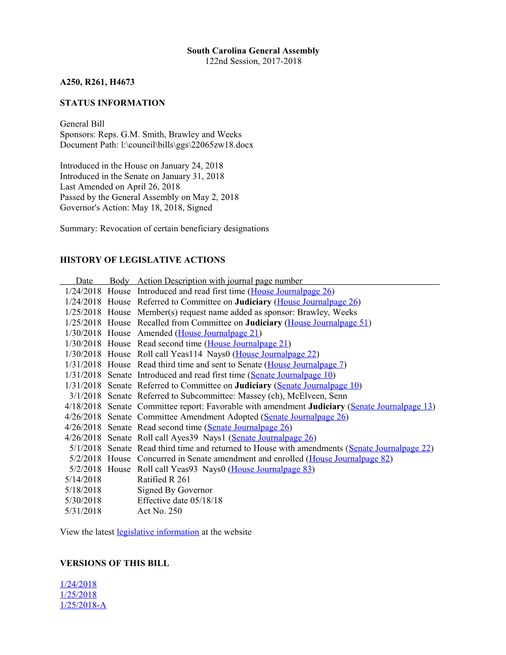 2017-2018 Bill 4673: Revocation of Certain Beneficiary Designations - South Carolina Legislature