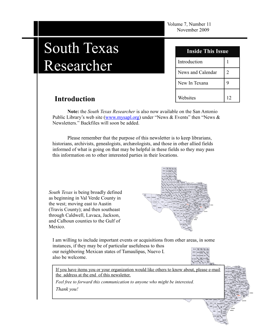 Note: the South Texas Researcher Is Also Now Available on the San Antonio Public Library