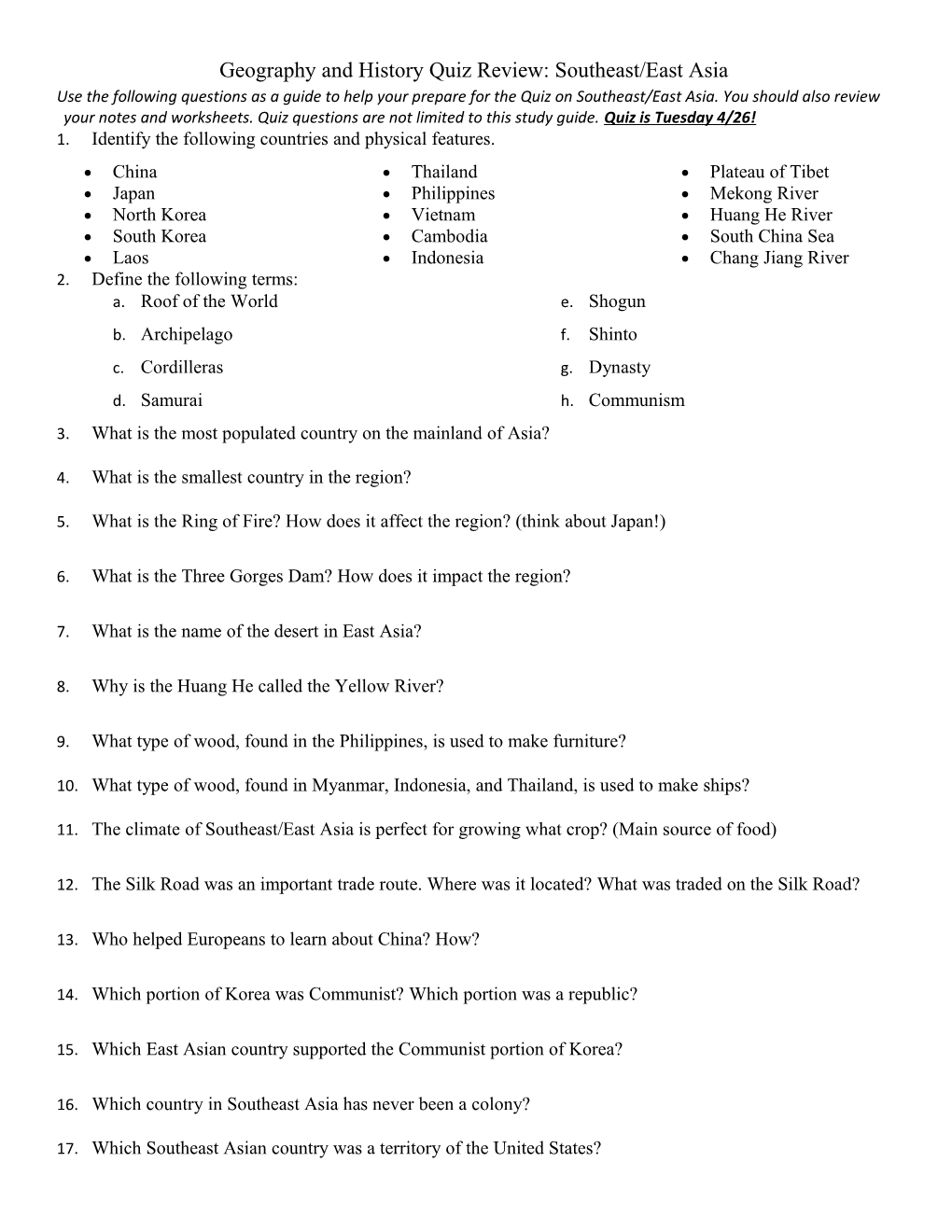 Geography and History Quiz Review: Southeast/East Asia