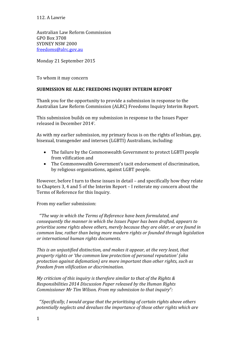 Submission Re Alrc Freedoms Inquiry Interim Report