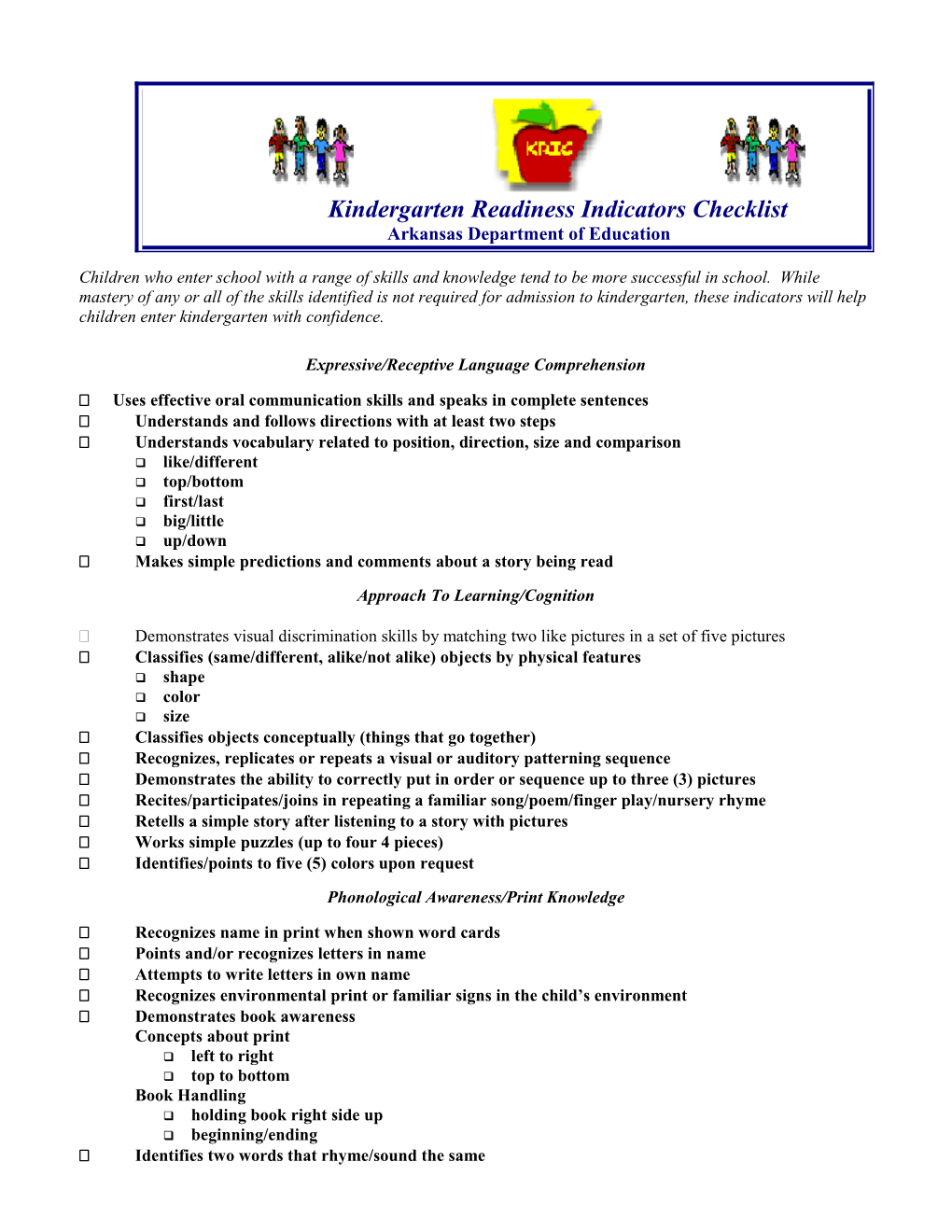 Kindergarten Readiness Indicators Checklist