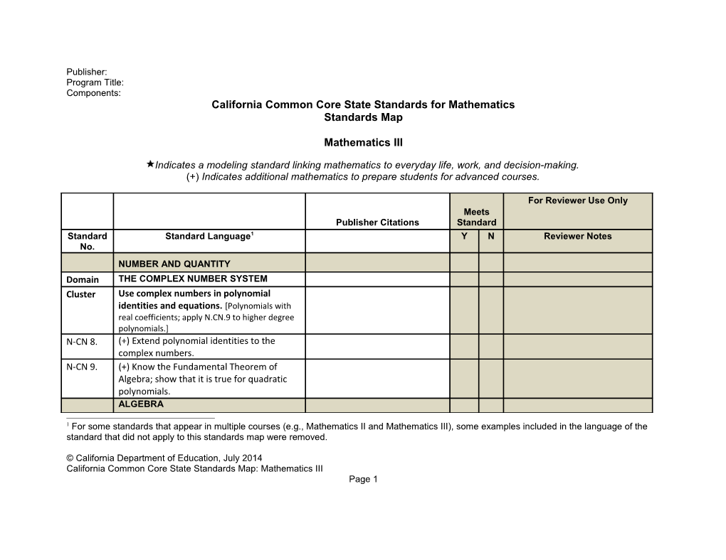 Mathematics III Standards Map - Instructional Materials (CA Dept of Education)