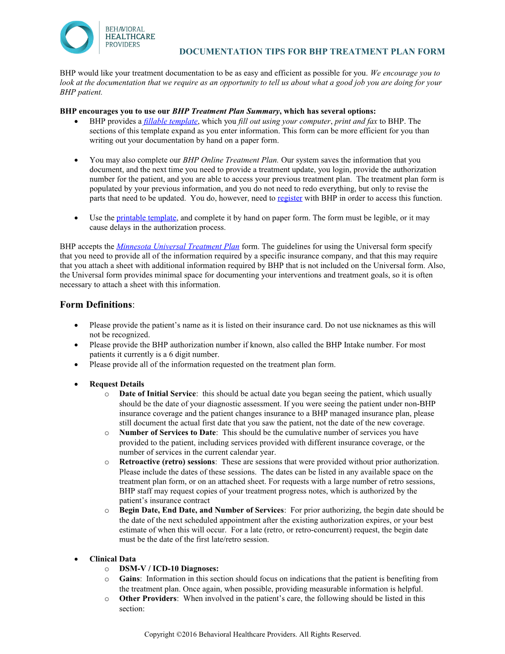 Documentation Tips for the BHP Treatment Plan Form