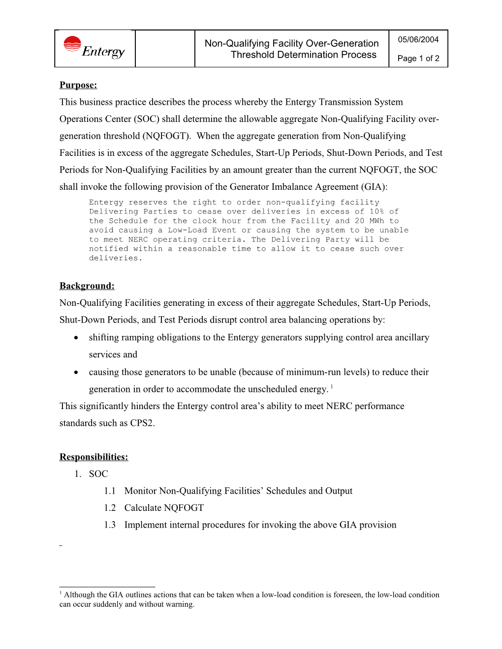 Non-Qualifying Facility Over-Generation Threshold Determination Process