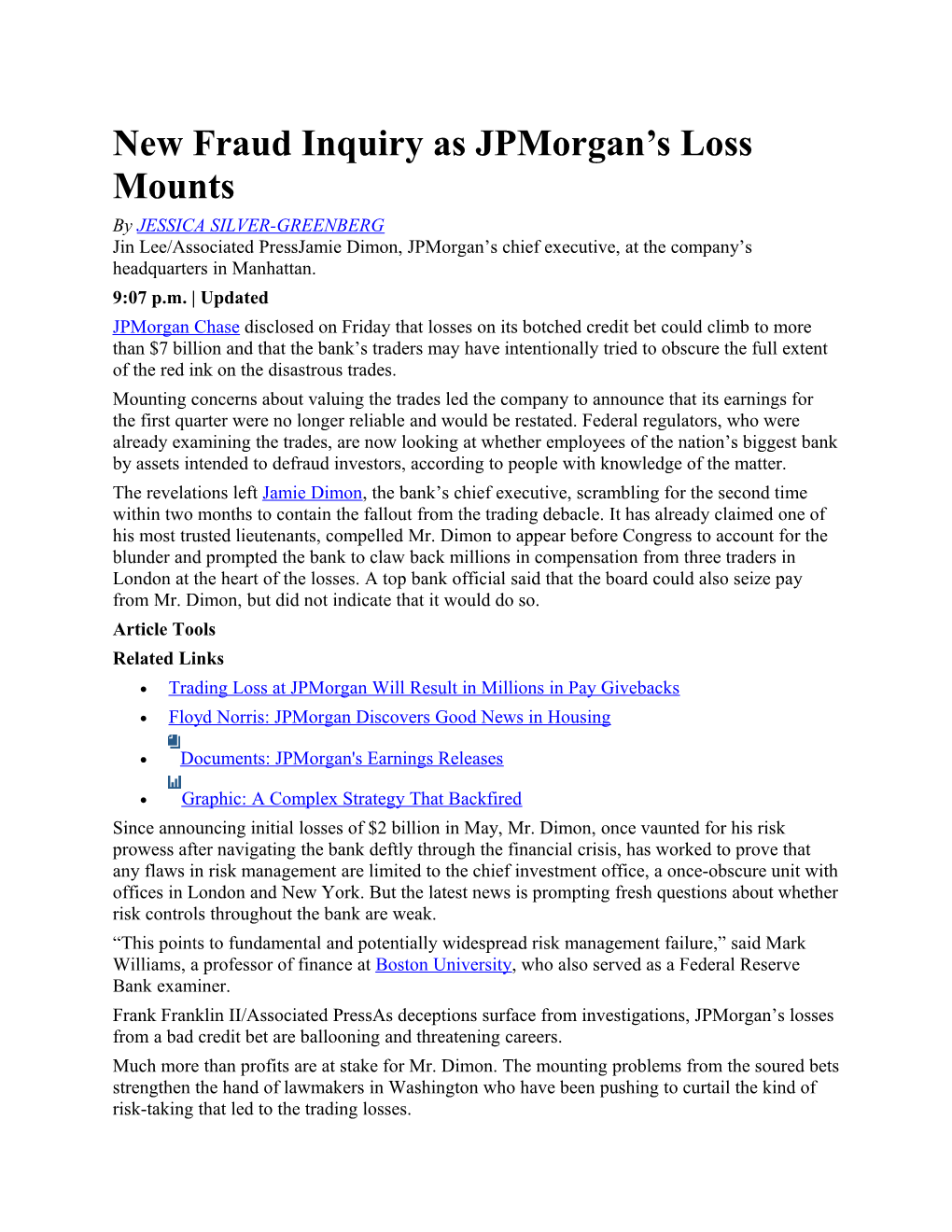 New Fraud Inquiry As Jpmorgan S Loss Mounts