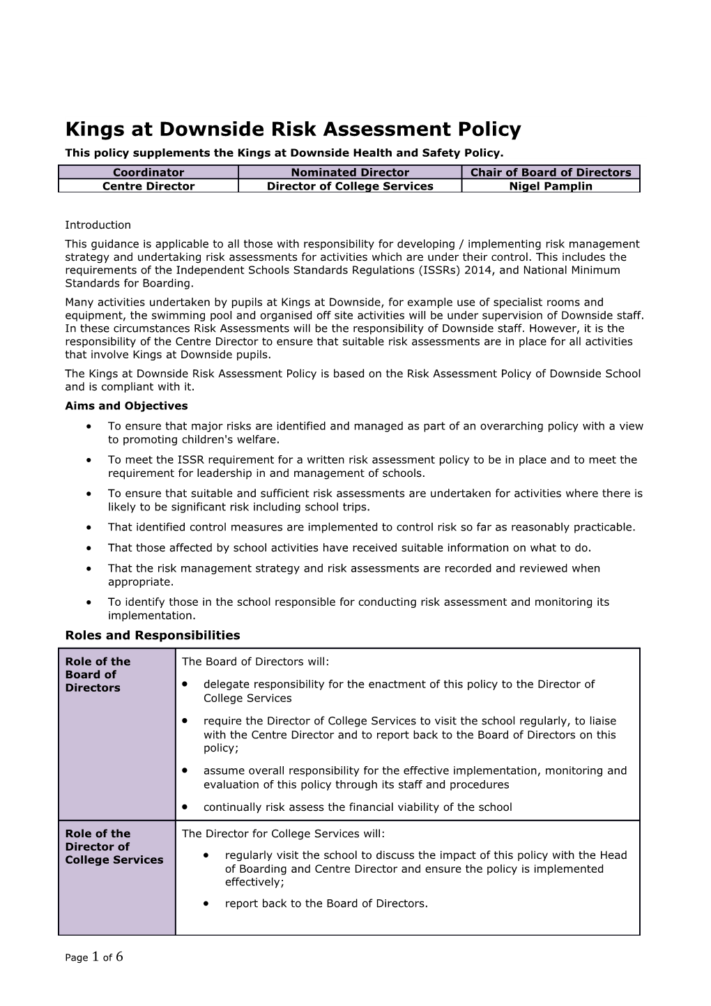 Kings at Downside Risk Assessment Policy