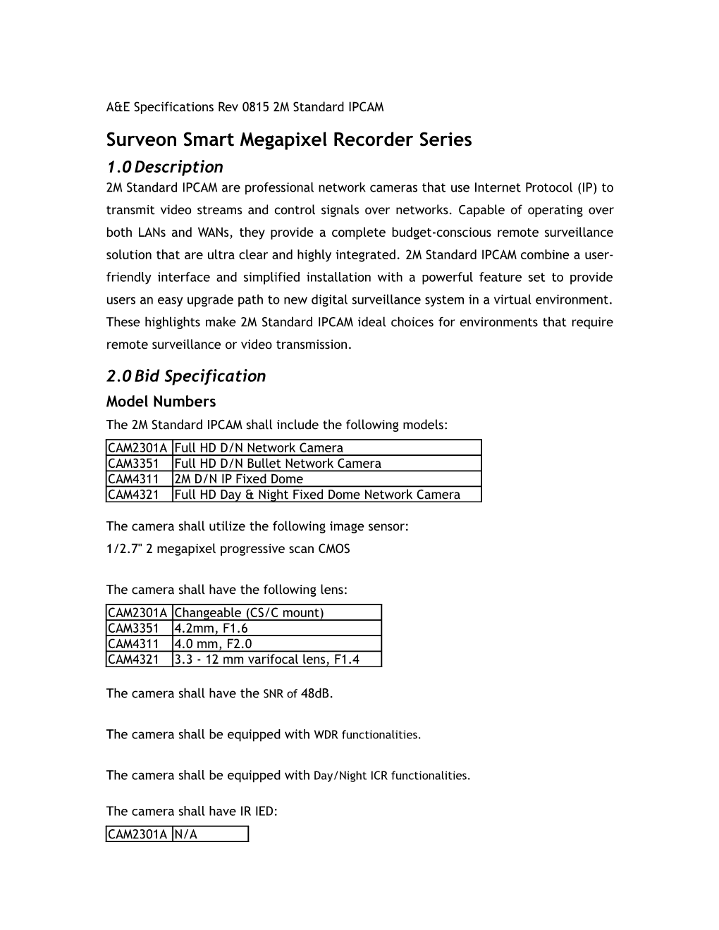 A&E Specifications Rev 0815 2M Standard IPCAM