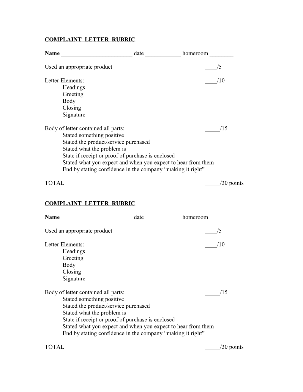 Complaint Letter Rubric