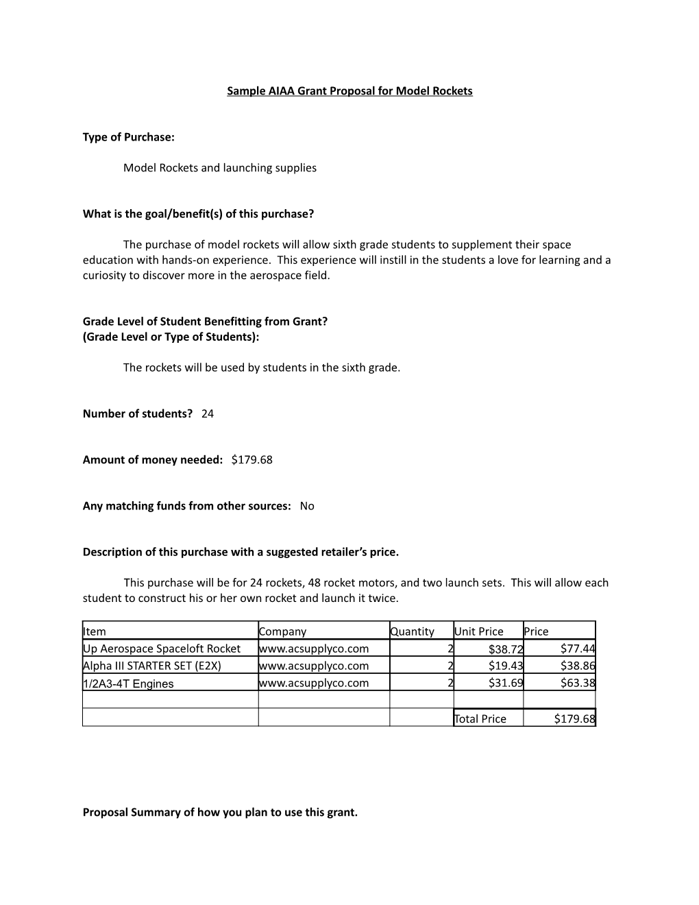 Sample AIAA Grant Proposal for Model Rockets