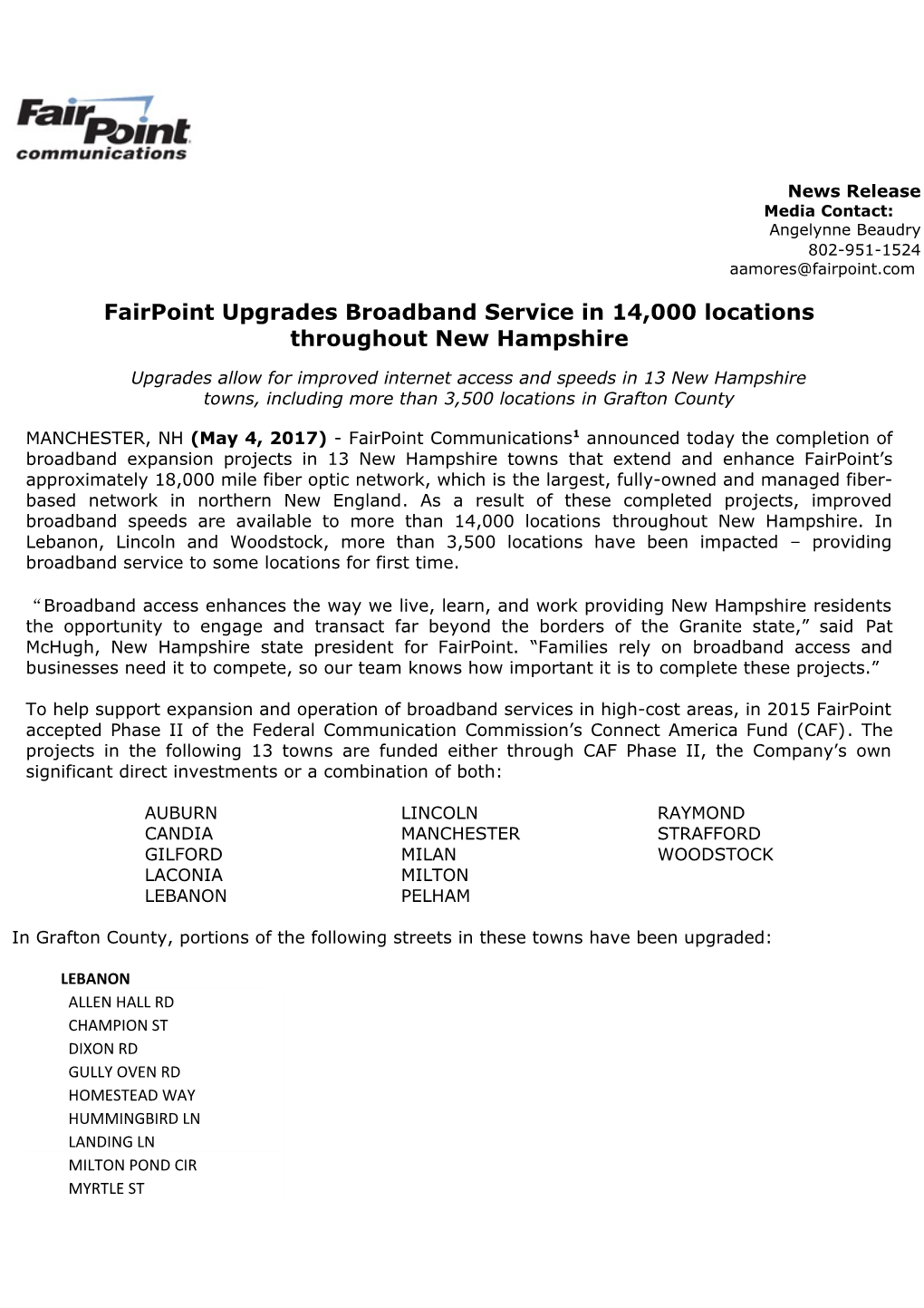 Fairpoint Upgrades Broadband Service in 14,000 Locations Throughout New Hampshire