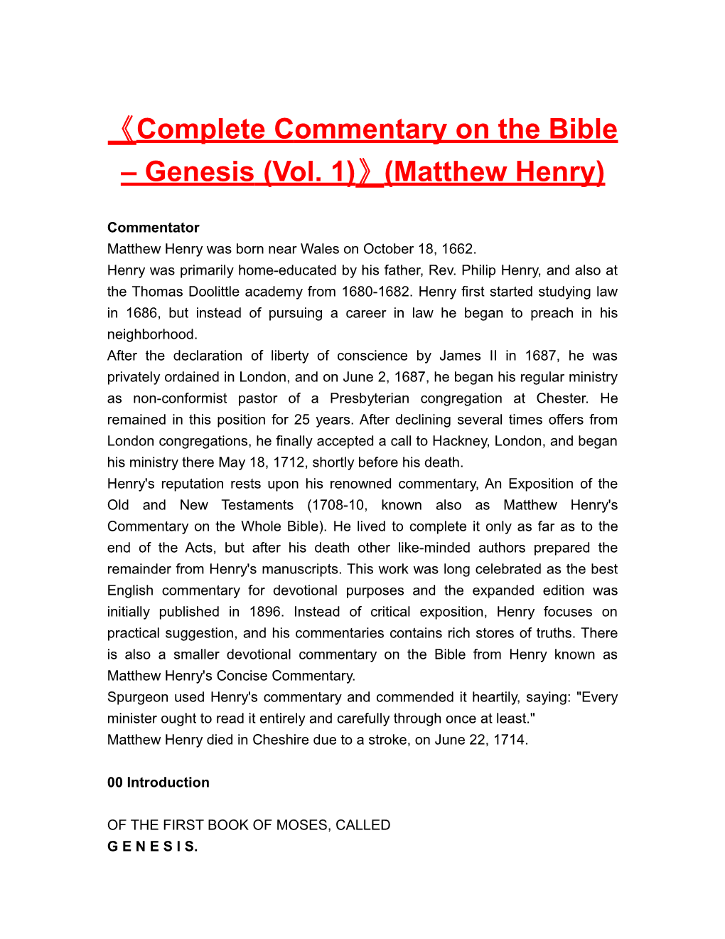 Completecommentary on the Bible Genesis(Vol. 1) (Matthew Henry)