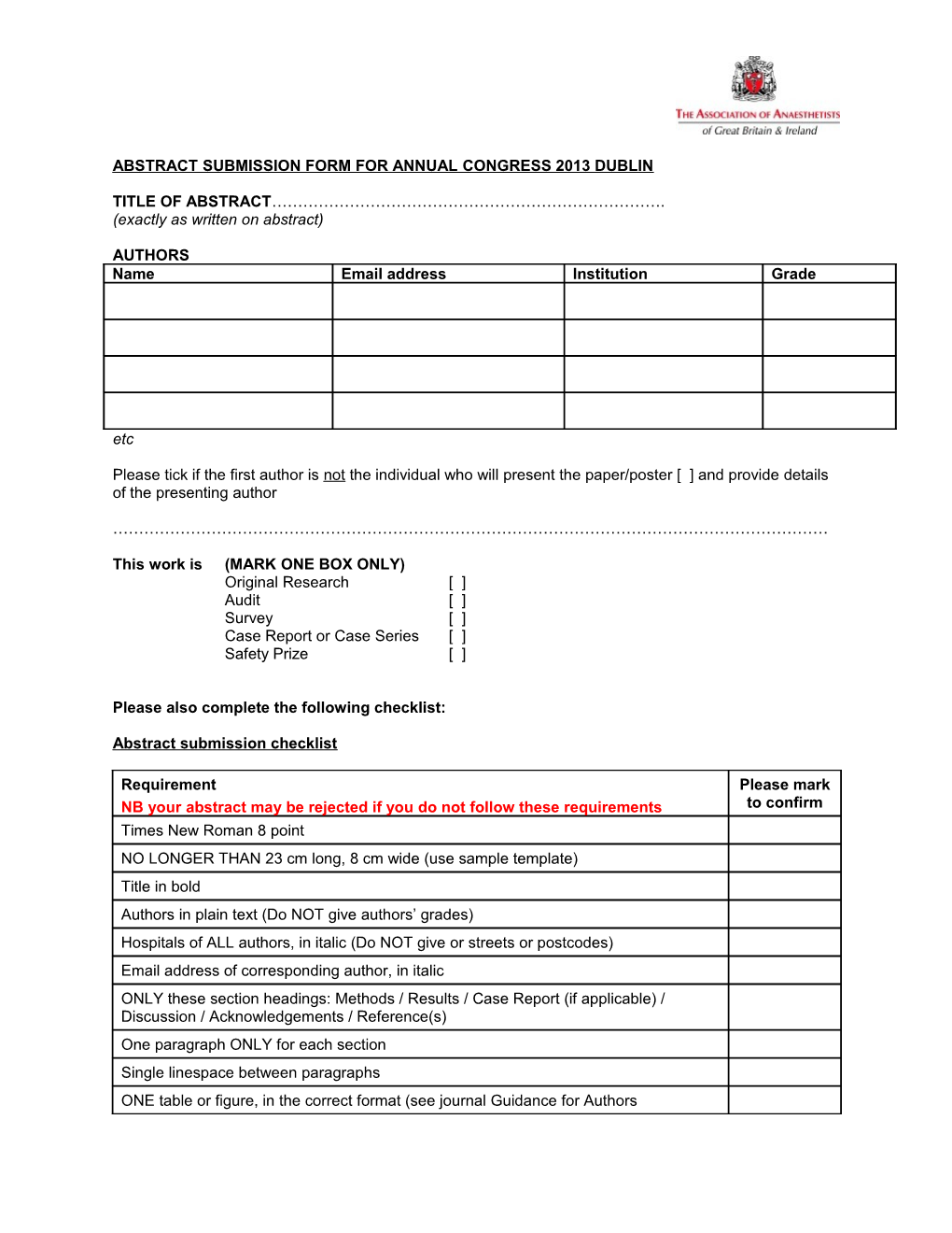 Abstract Submission Form for Annual Congress 2013 Dublin