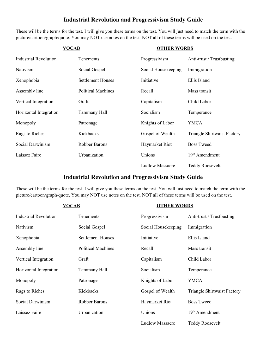 Industrial Revolution and Progressivism Study Guide