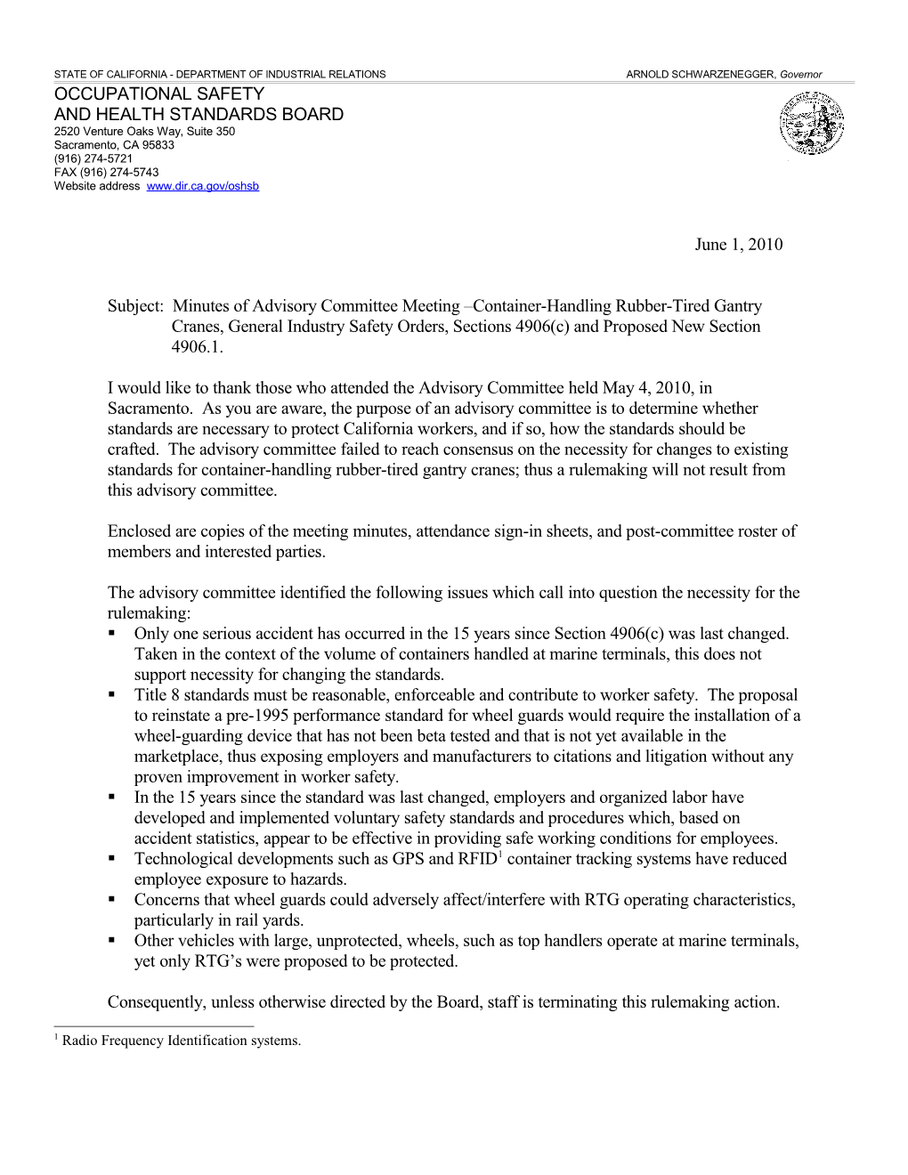 Minutes of Advisory Committee Meeting Container-Handling Rubber-Tired Gantry Cranes