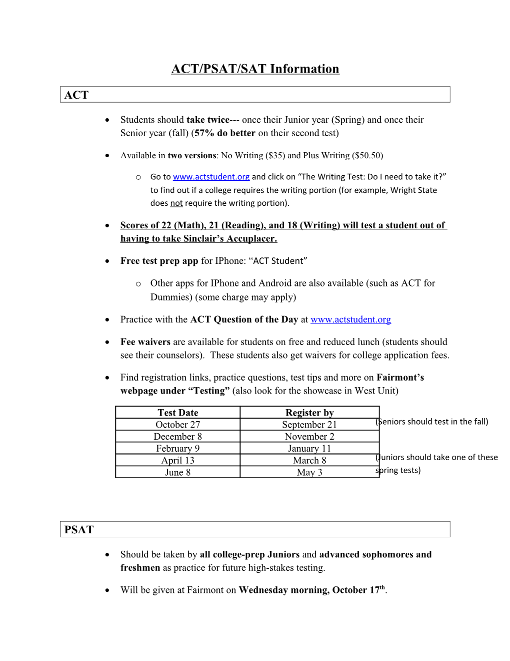 ACT/PSAT/SAT Information