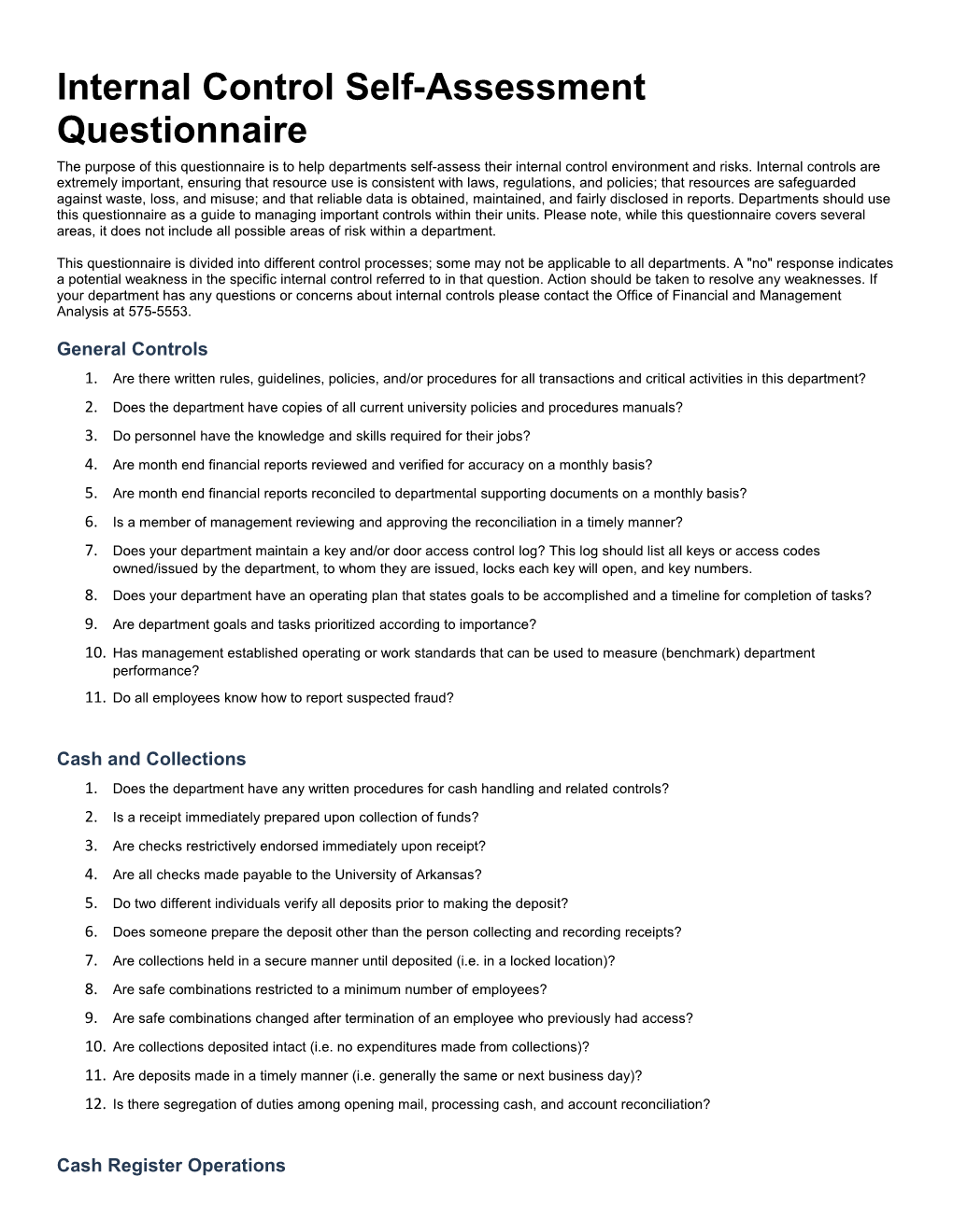 Internal Control Self-Assessment Questionnaire