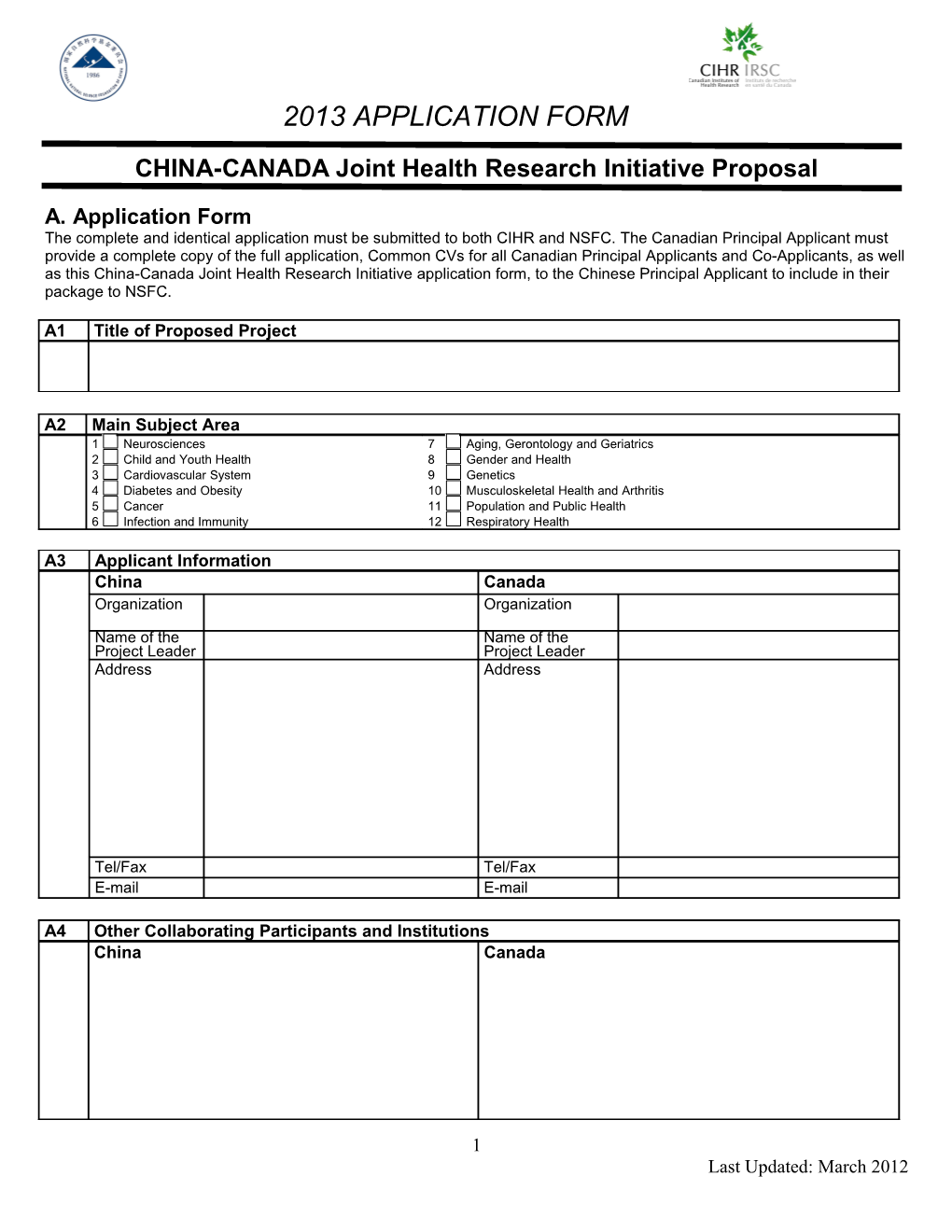 CHINA-CANADA Joint Health Research Initiative Proposal