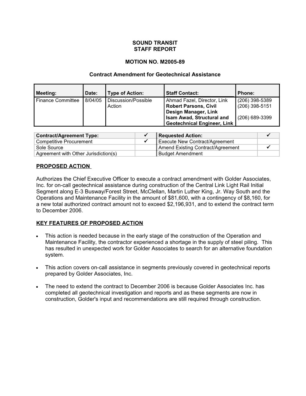 Contract Amendment for Geotechnical Assistance