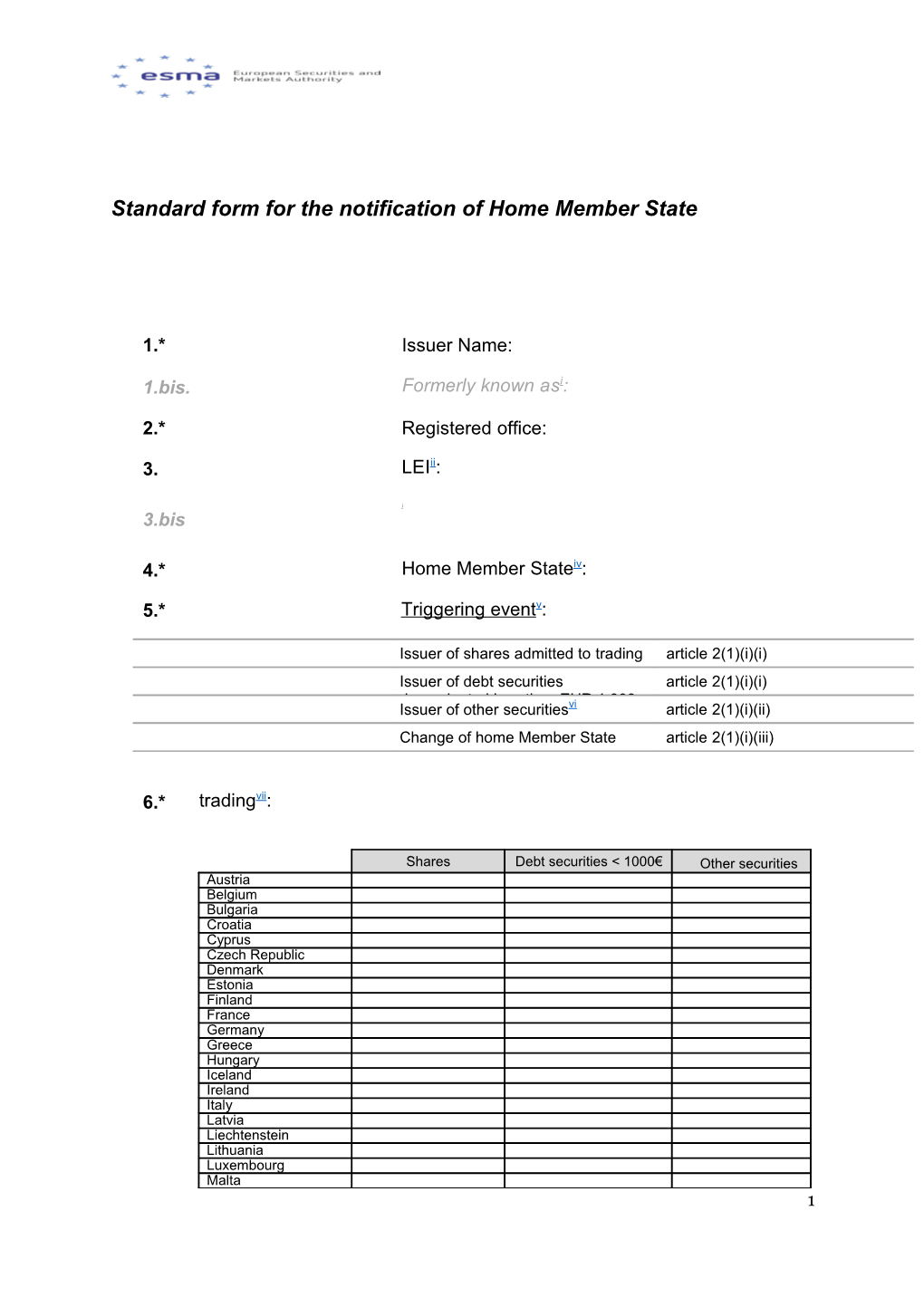 Esma-2015-1596 Standard Form for Disclosure of Home Member State