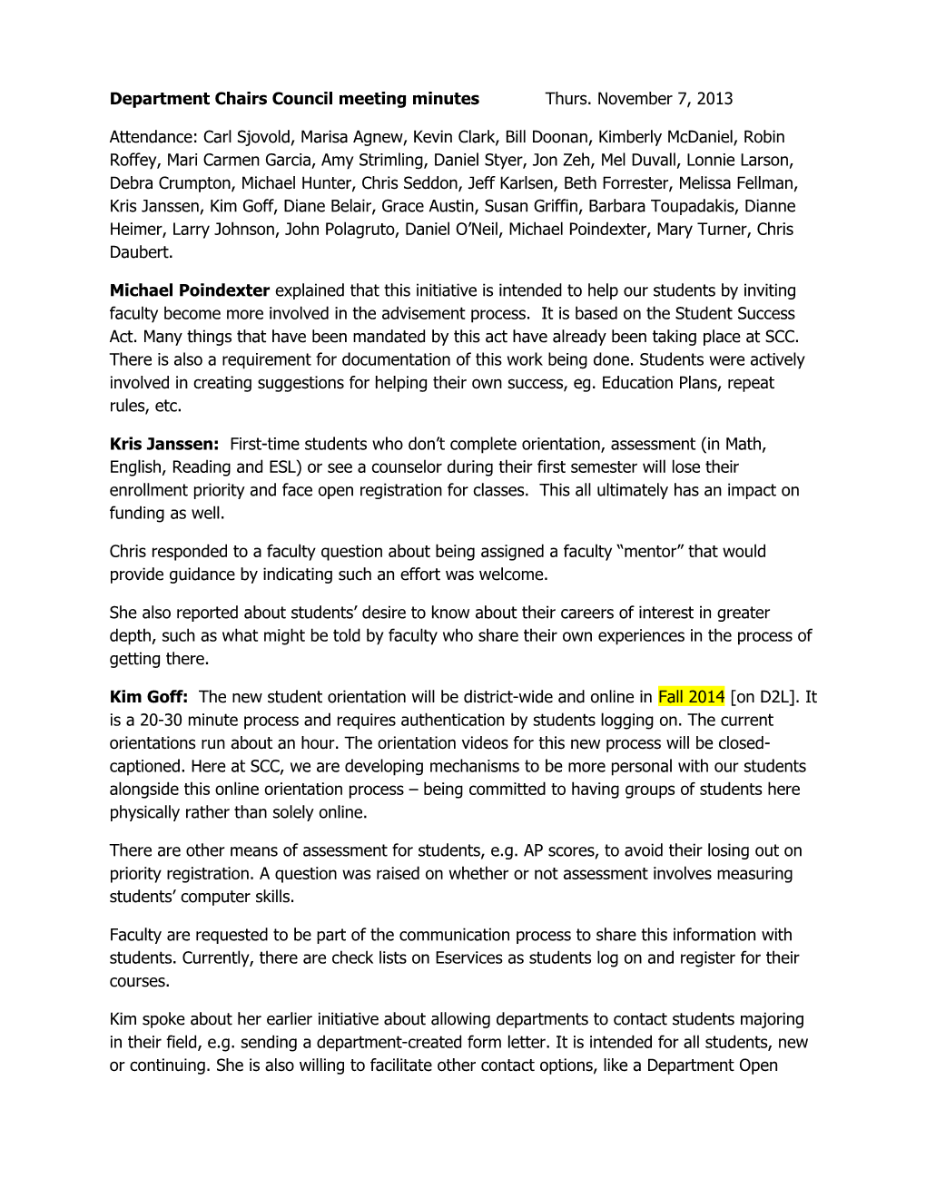 Department Chairs Council Meeting Minutes Thurs. November 7, 2013