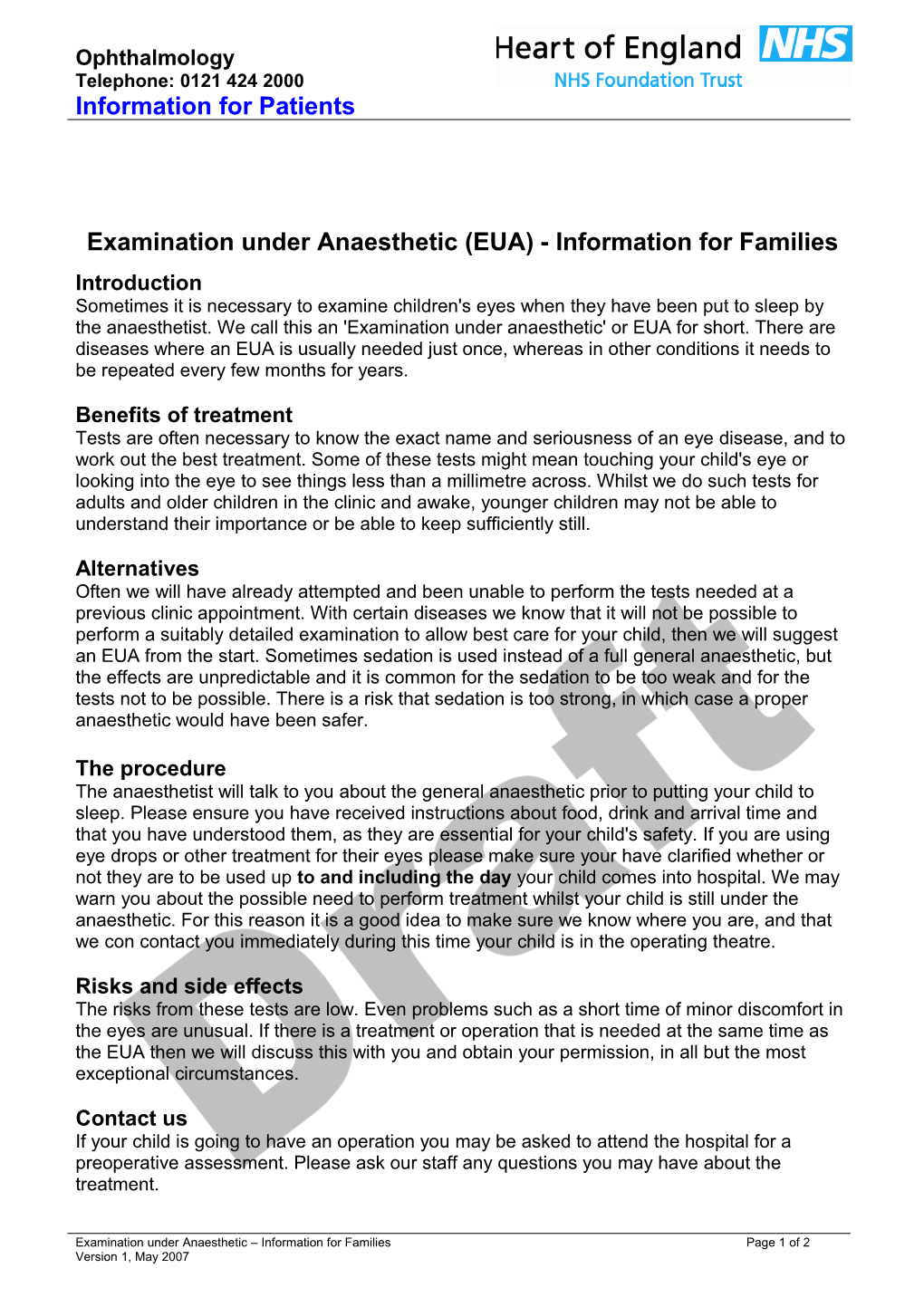 Examination Under Anaesthetic (EUA) - Information for Families