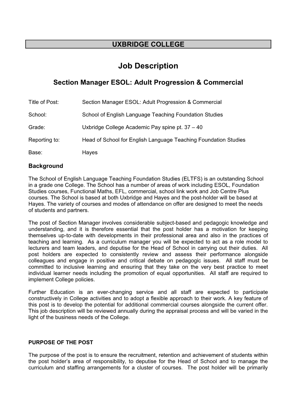 Section Manager ESOL: Adult Progression & Commercial