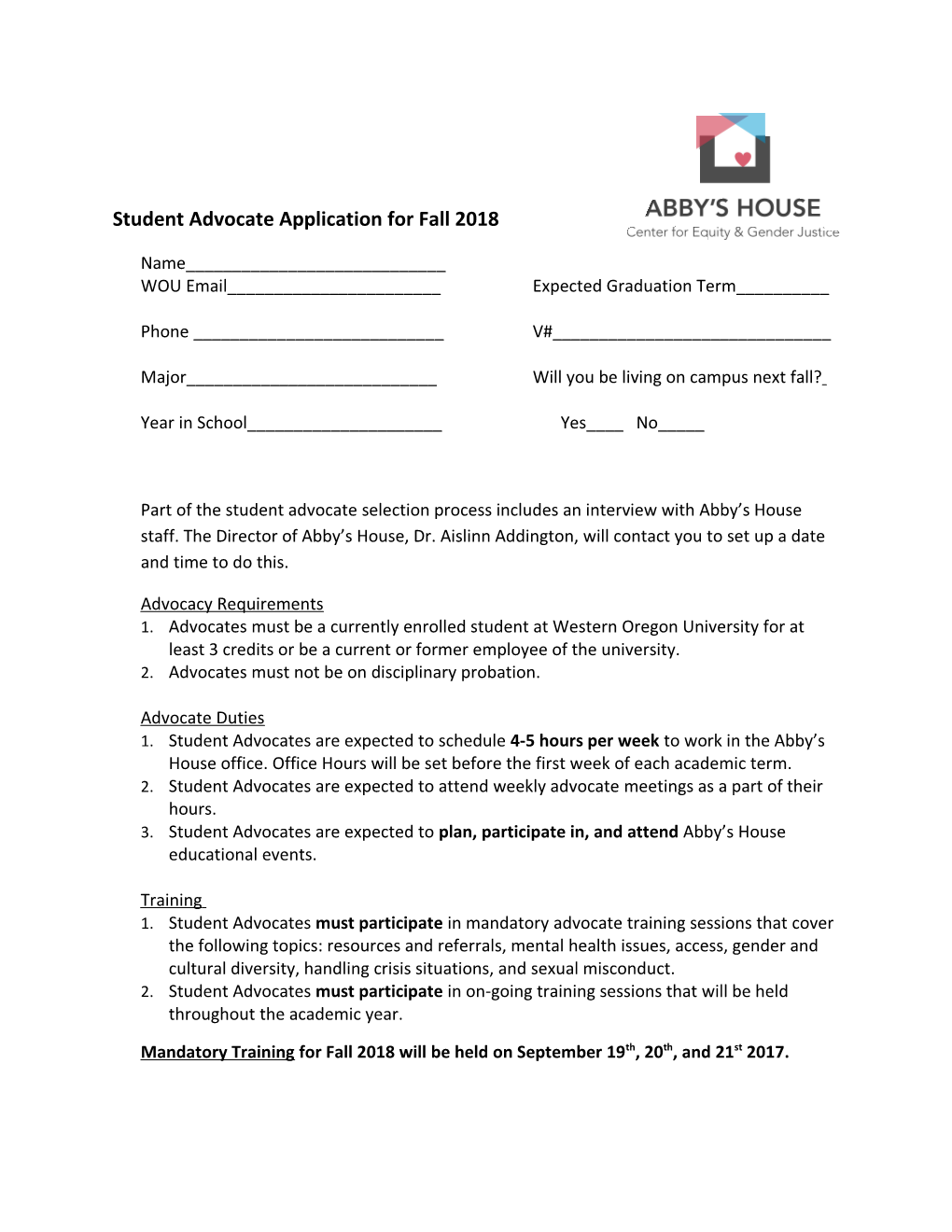 Student Advocate Application for Fall 2018