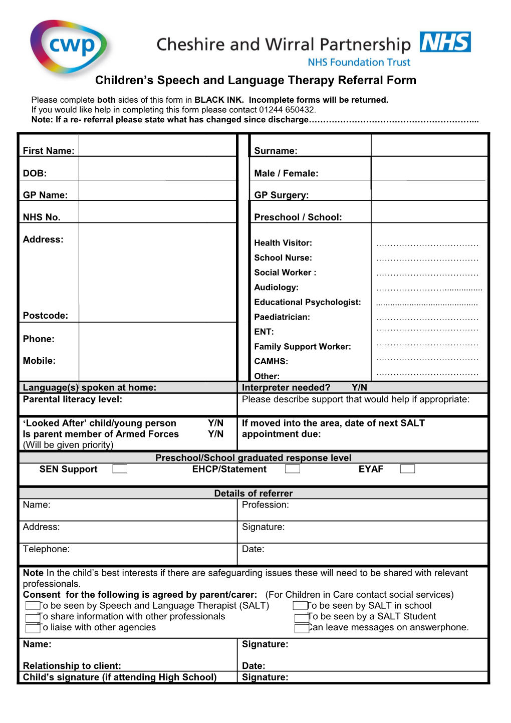 Speech and Language Therapy Consent Form