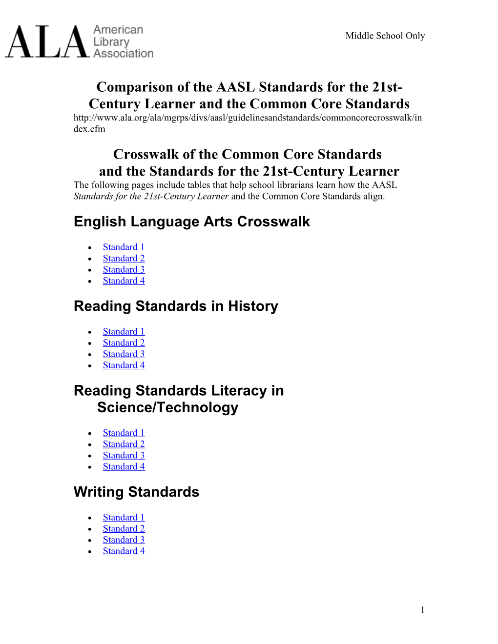 Comparison of the AASL Standards for the 21St-Century Learner and the Common Core Standards