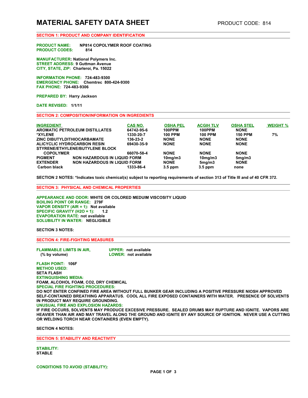 Material Safety Data Sheet Page 1 of X s2