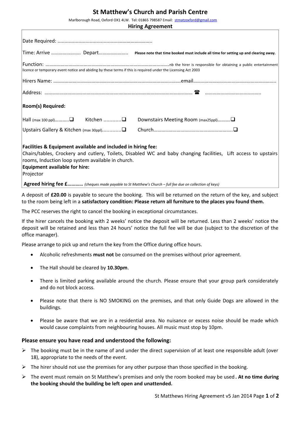 Application for Hire of St Matthew S Church and Parish Centre