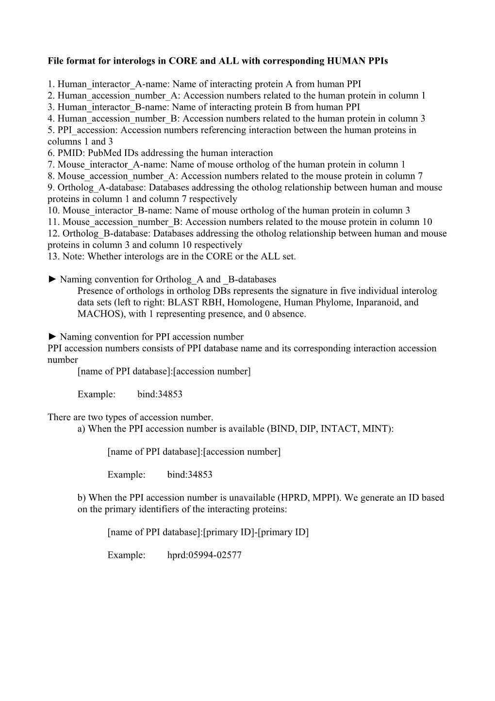 File Format Interologs in CORE and ALL with Corresponding HUMAN Ppis