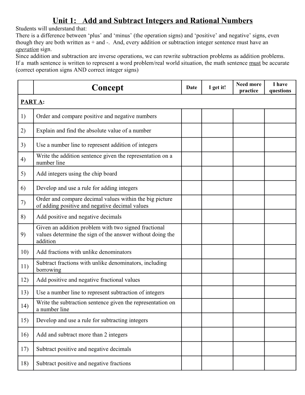 Unit 1: Add and Subtract Integers and Rational Numbers