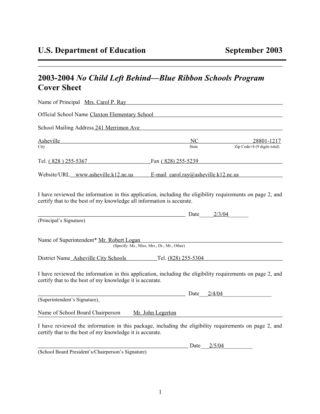 Claxton Elementary School (Asheville) 2004 No Child Left Behind-Blue Ribbon School Application