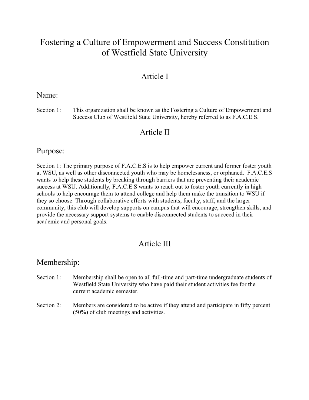 Fostering a Culture of Empowerment and Success Constitution of Westfield State University