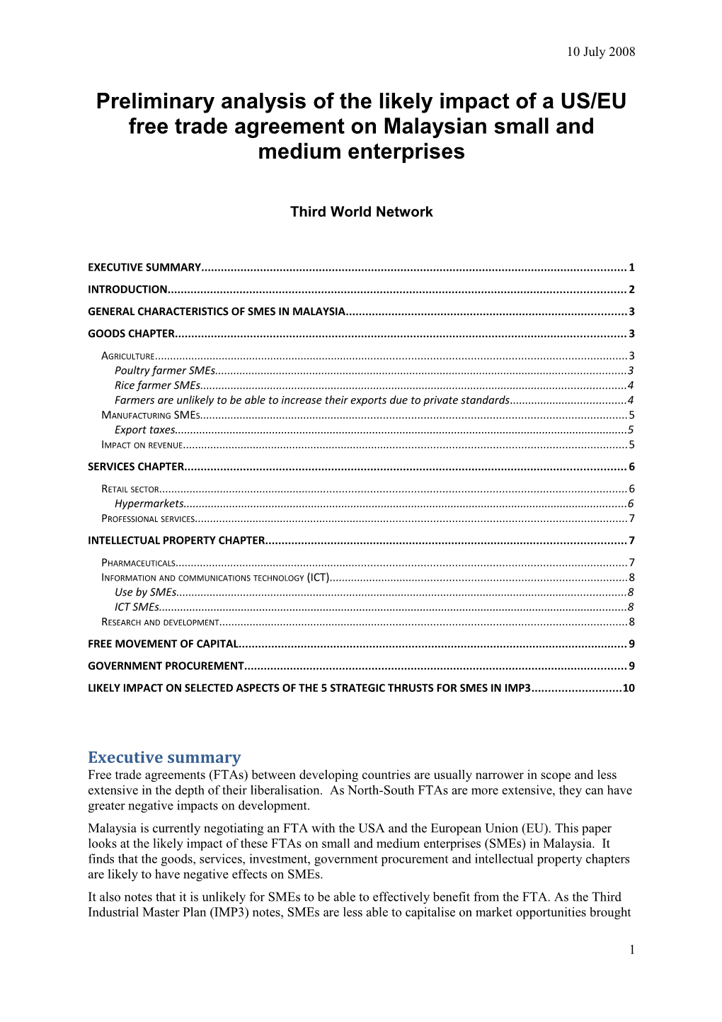 Preliminary Analysis of the Likely Impact of a US/EU Free Trade Agreement on Malaysian