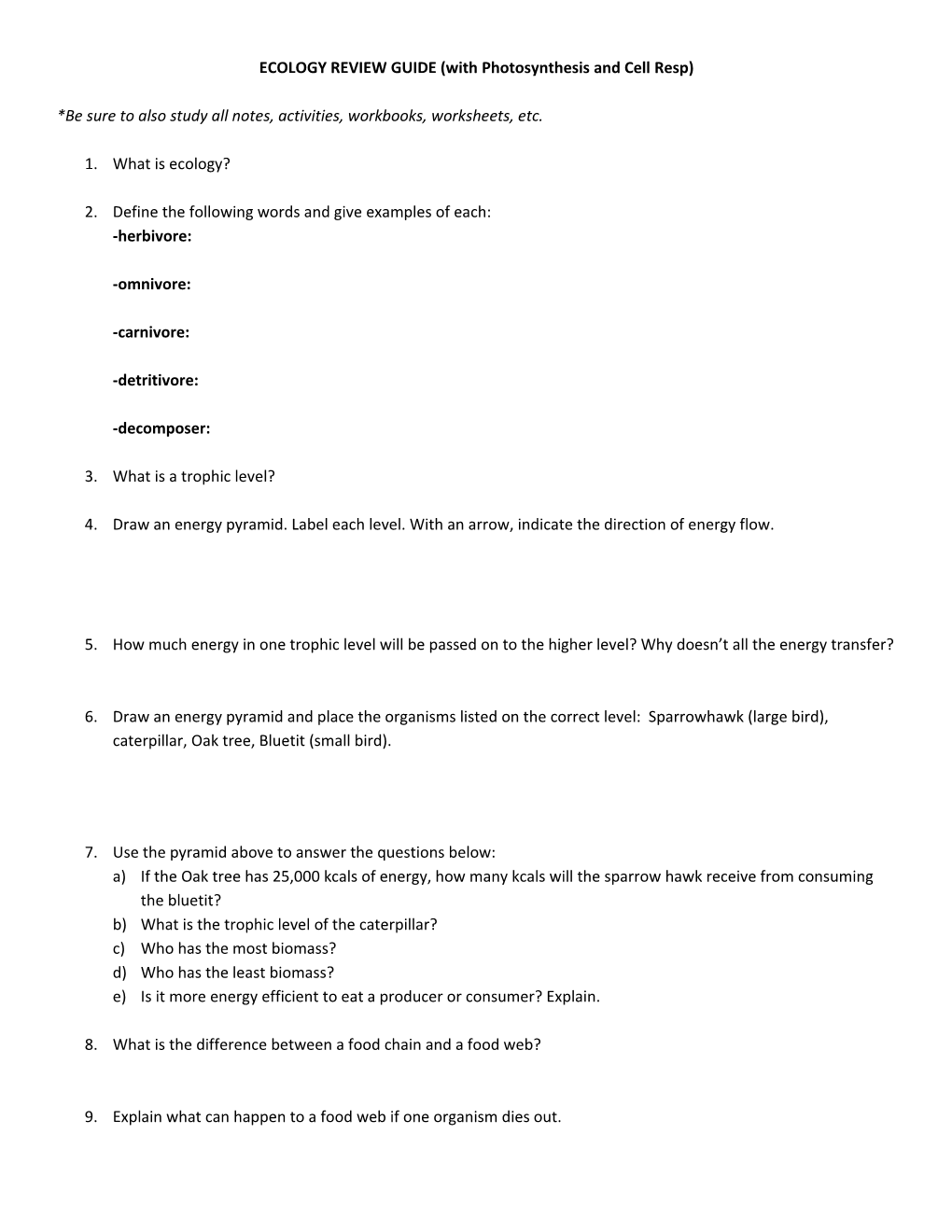 ECOLOGY REVIEW GUIDE (With Photosynthesis and Cell Resp)