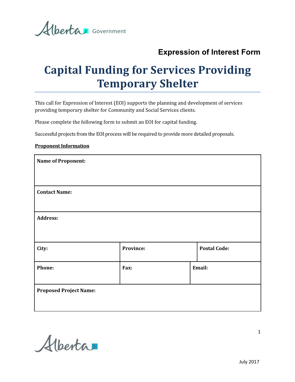 Capital Funding for Services Providing Temporary Shelter Expression of Interest Form