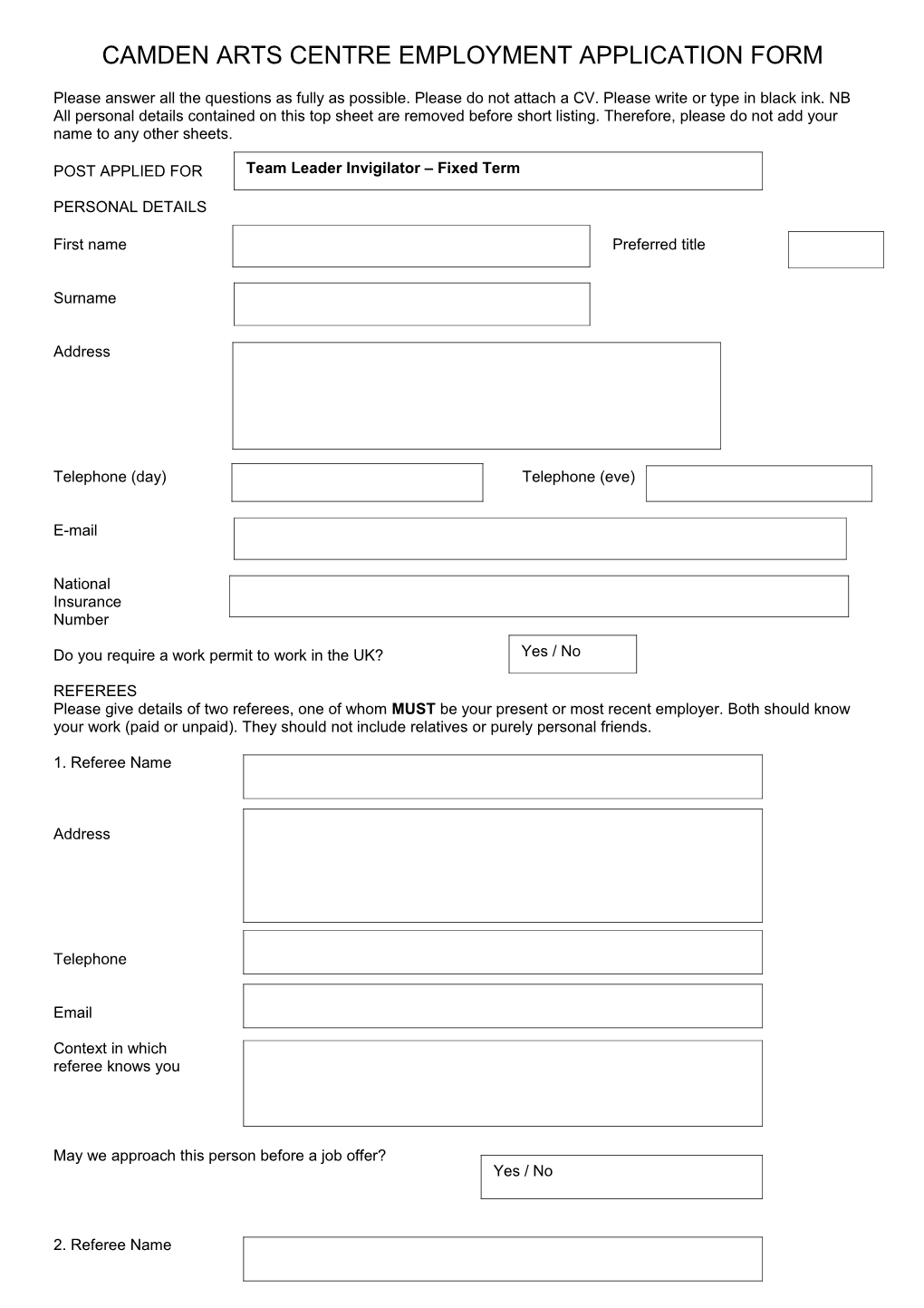 Camden Arts Centreemployment Application Form