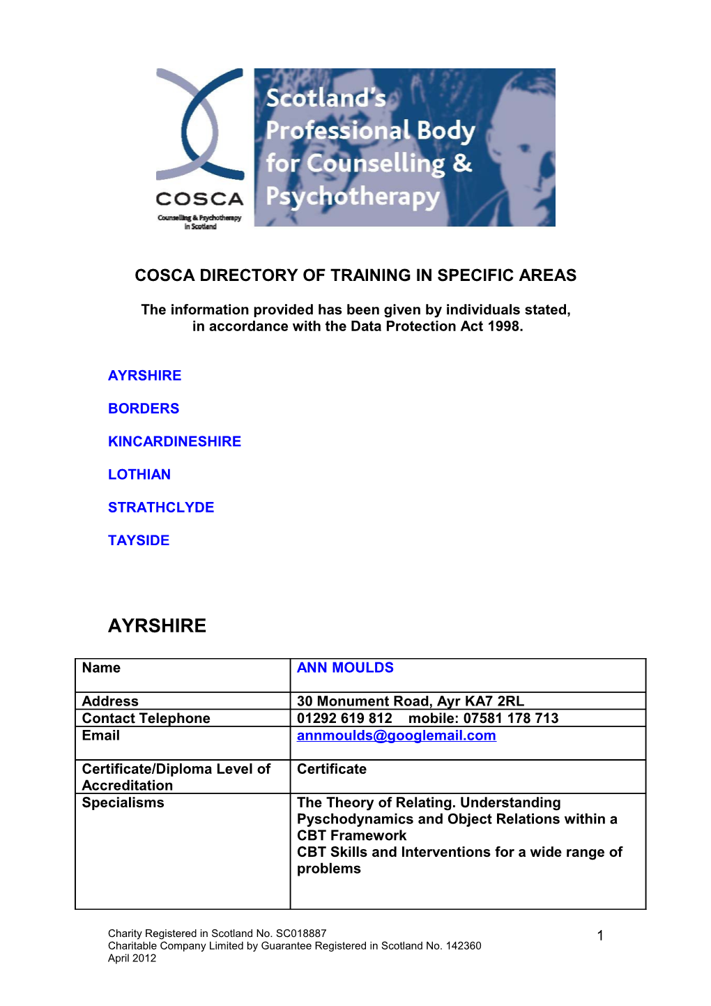 Cosca Directory of Training in Specific Areas