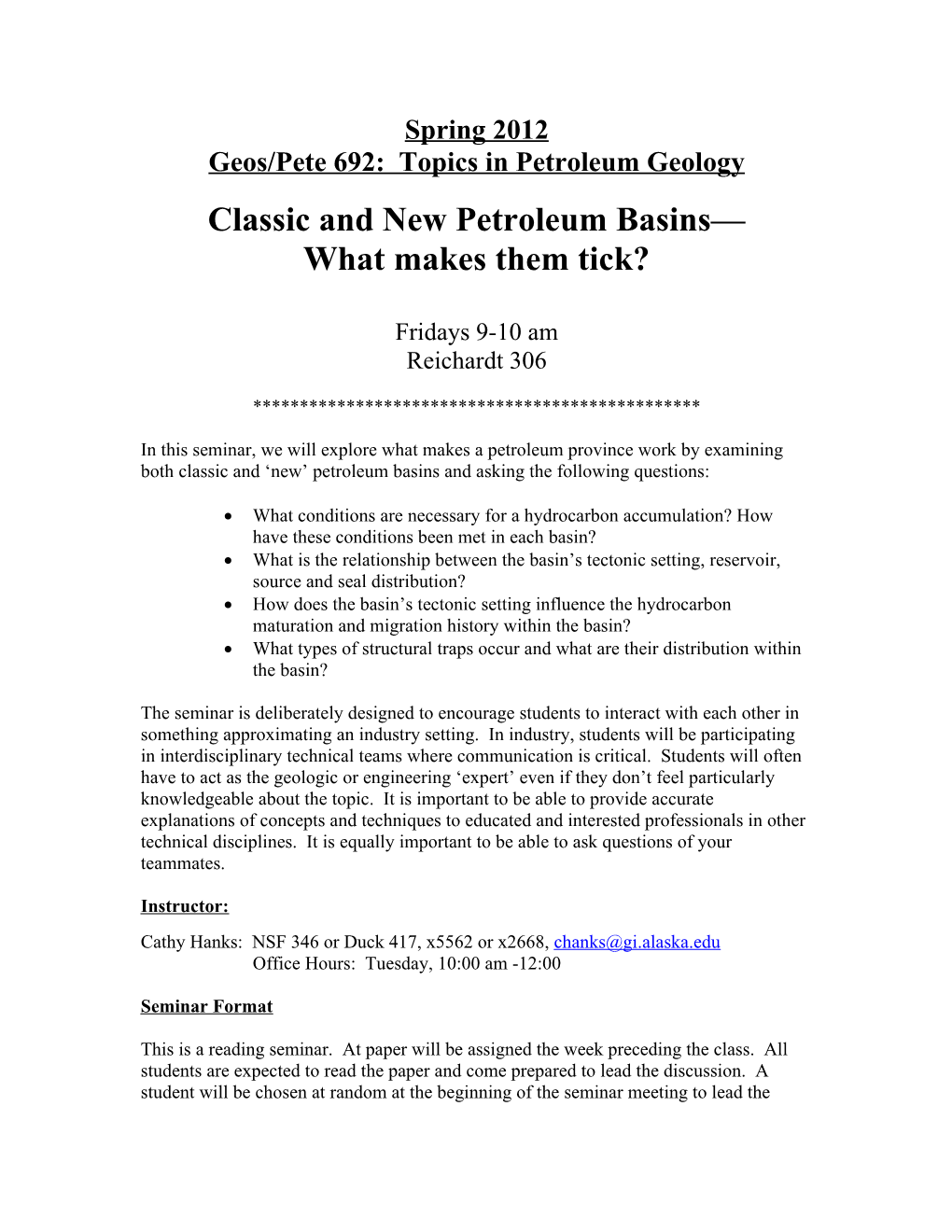 Geos/Pete 692: Topics in Petroleum Geology