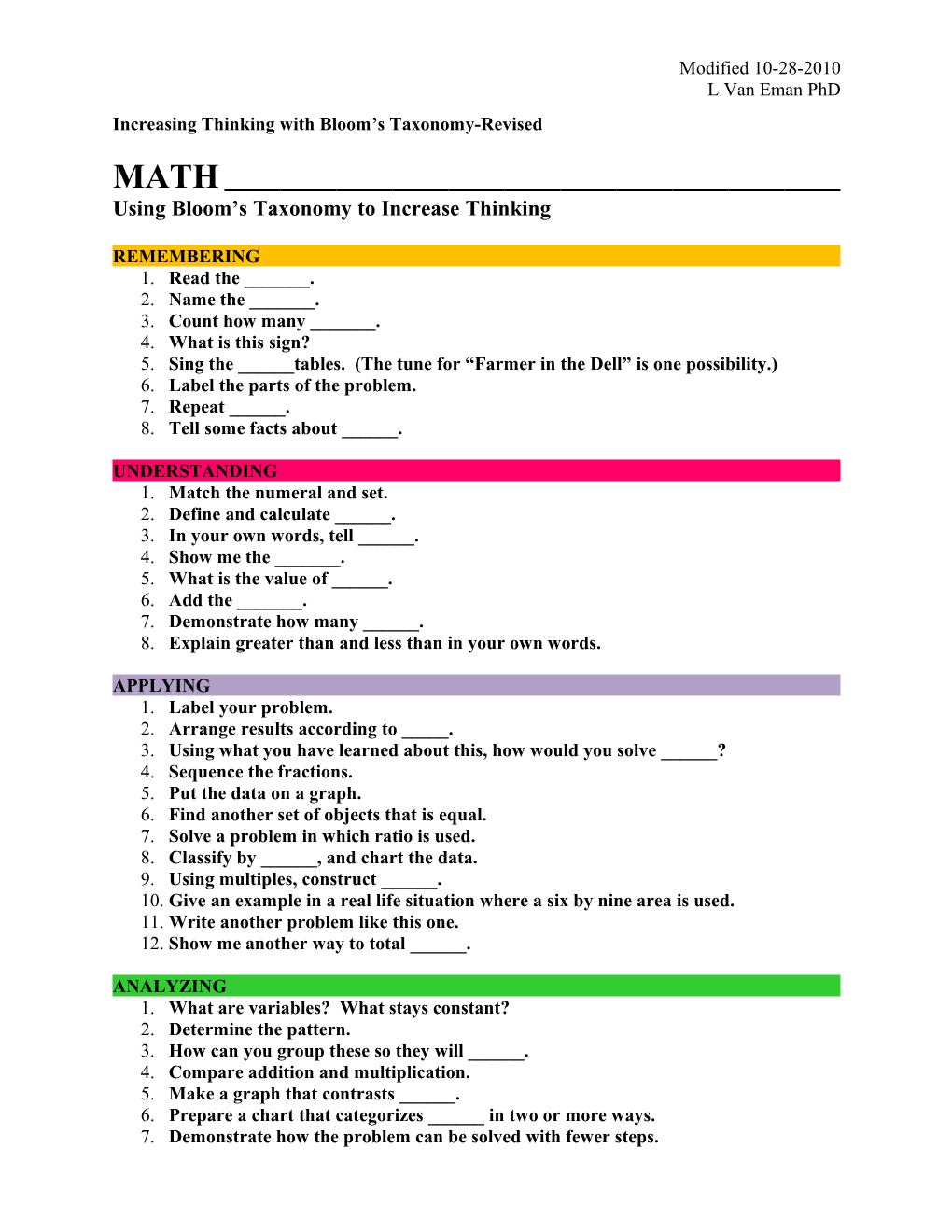 Increasing Thinking with Bloom S Taxonomy