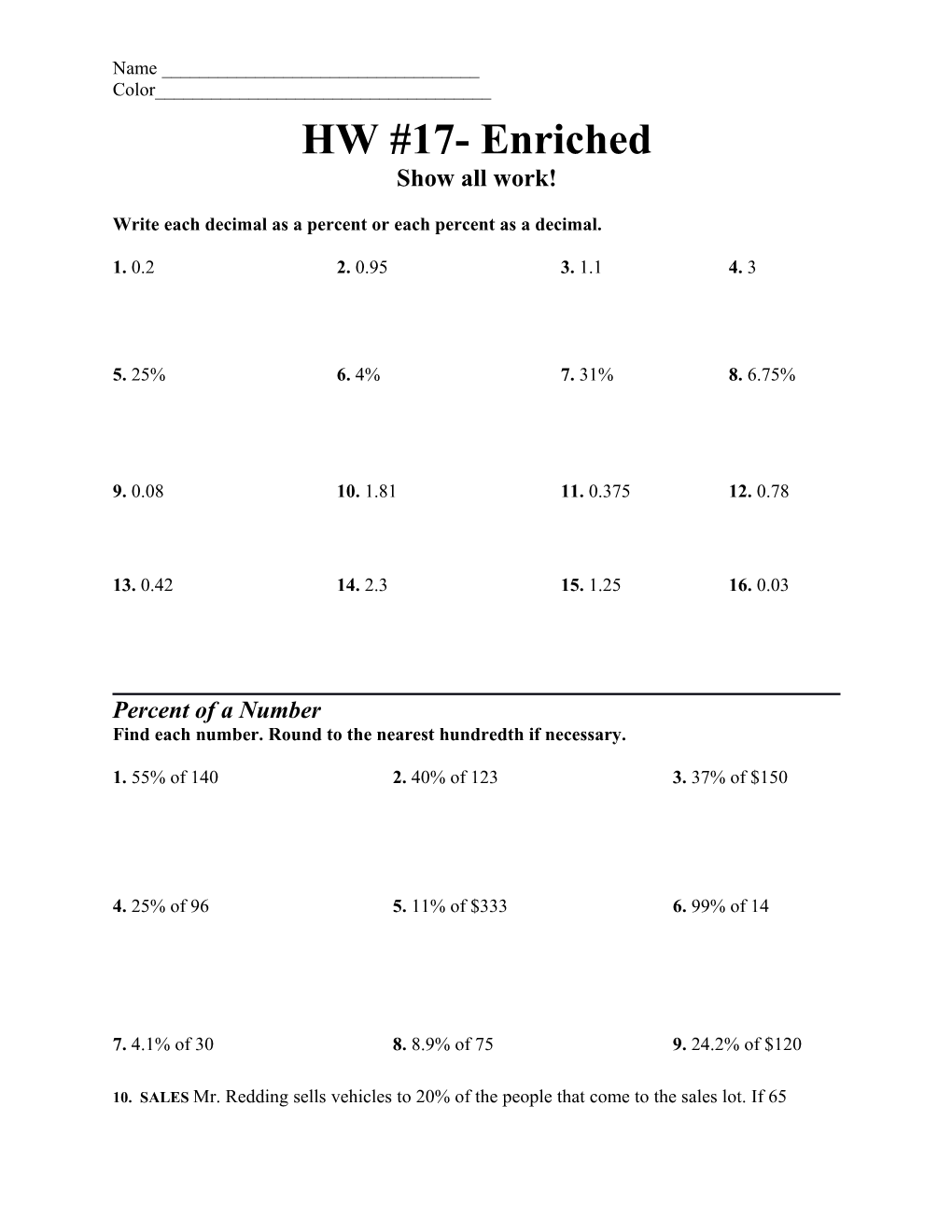 Write Each Decimal As a Percent Or Each Percent As a Decimal