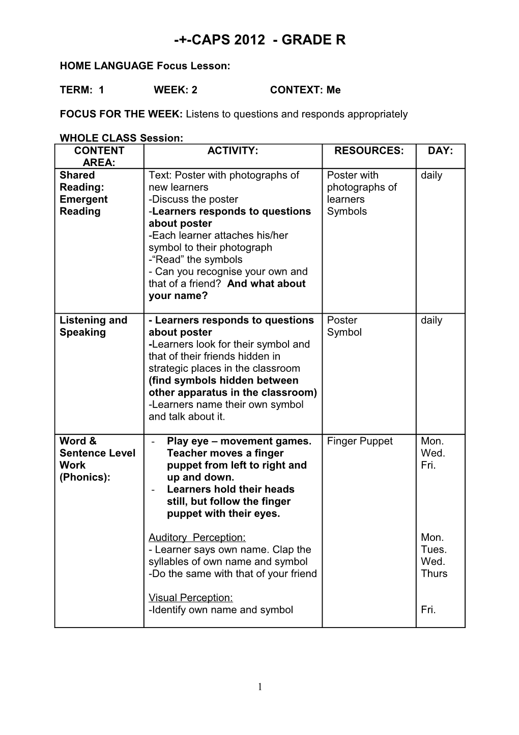 HOME LANGUAGE Focus Lesson