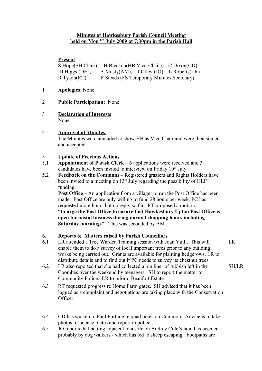 Minutes of Hawkesbury Parish Council Meeting