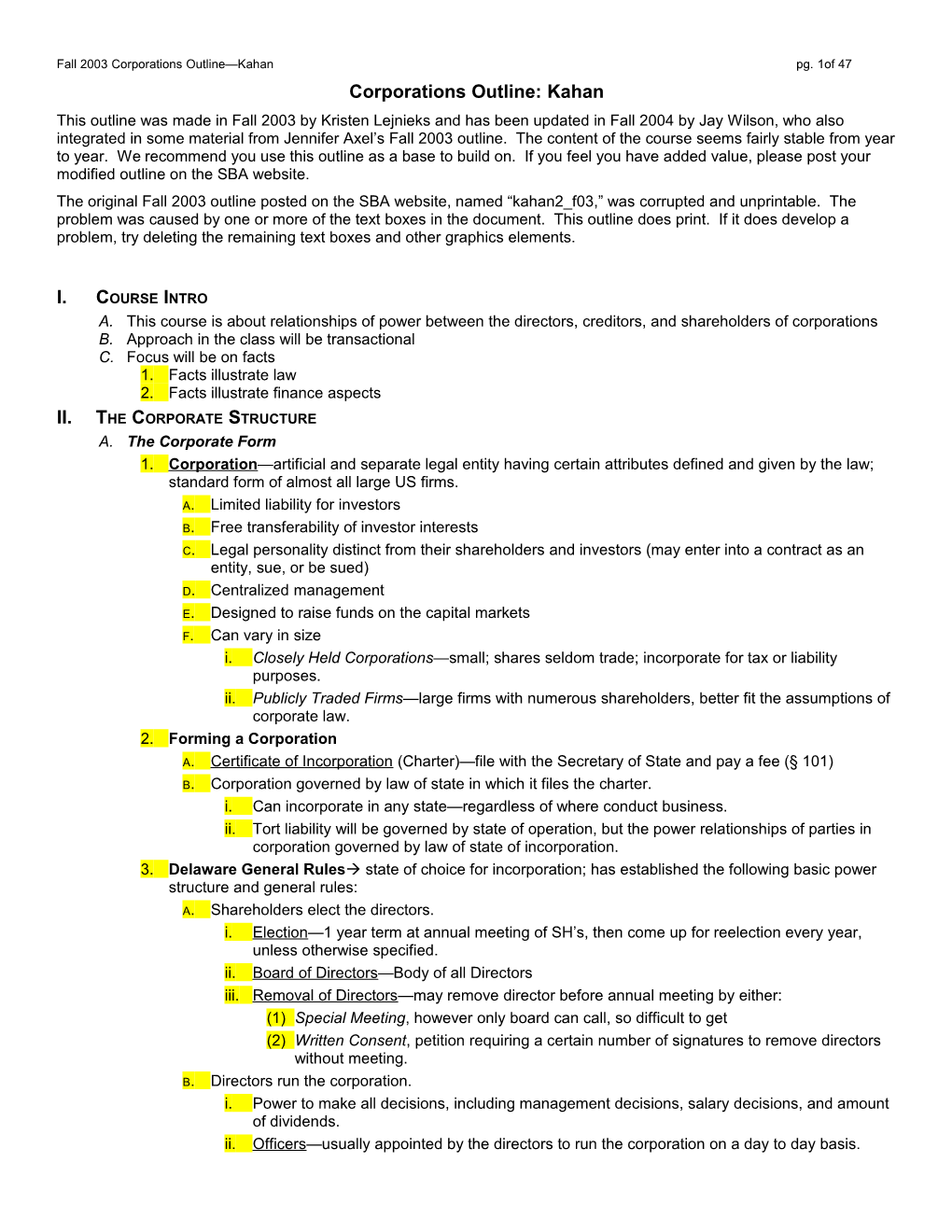 Fall 2003 Corporations Outline Kahan Pg. 1Of 42