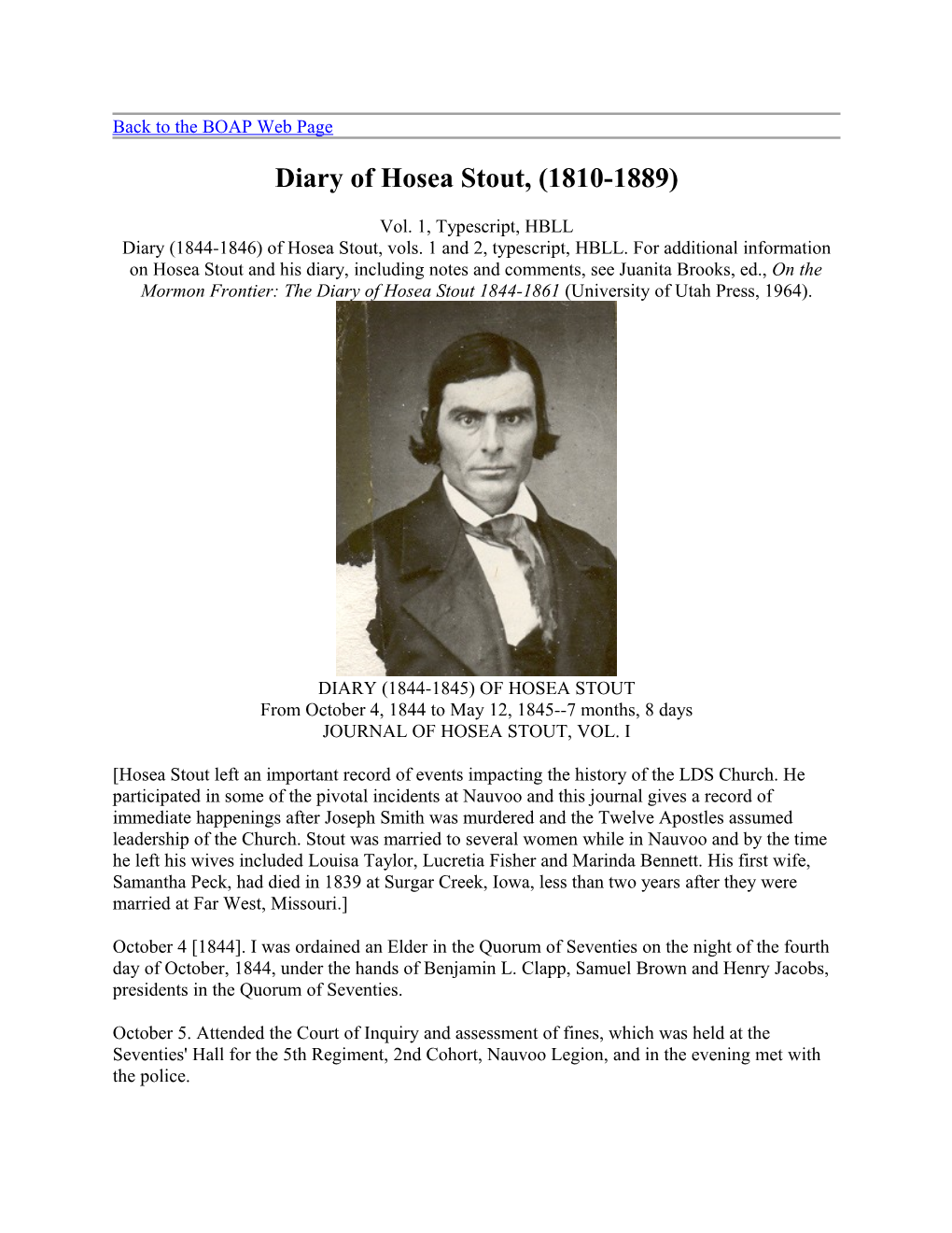 Diary of Hosea Stout (1810-1889)