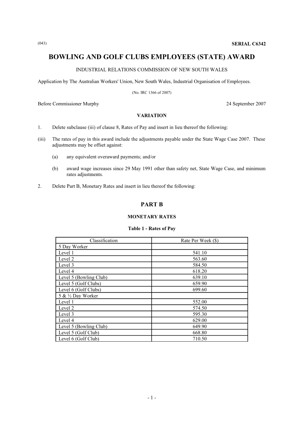 Bowling and Golf Clubs Employees (State) Award