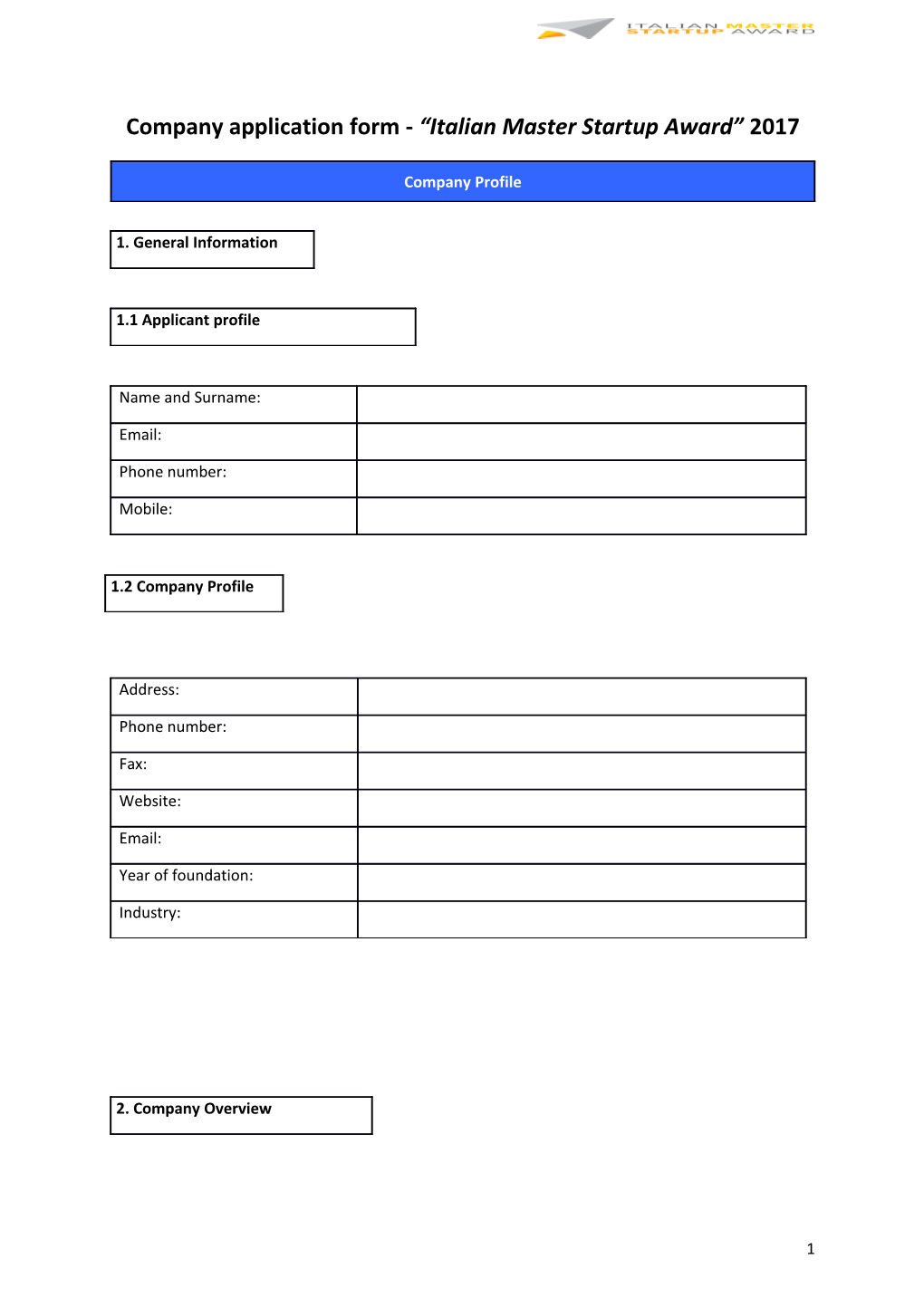 Company Application Form - Italian Master Startup Award 2017