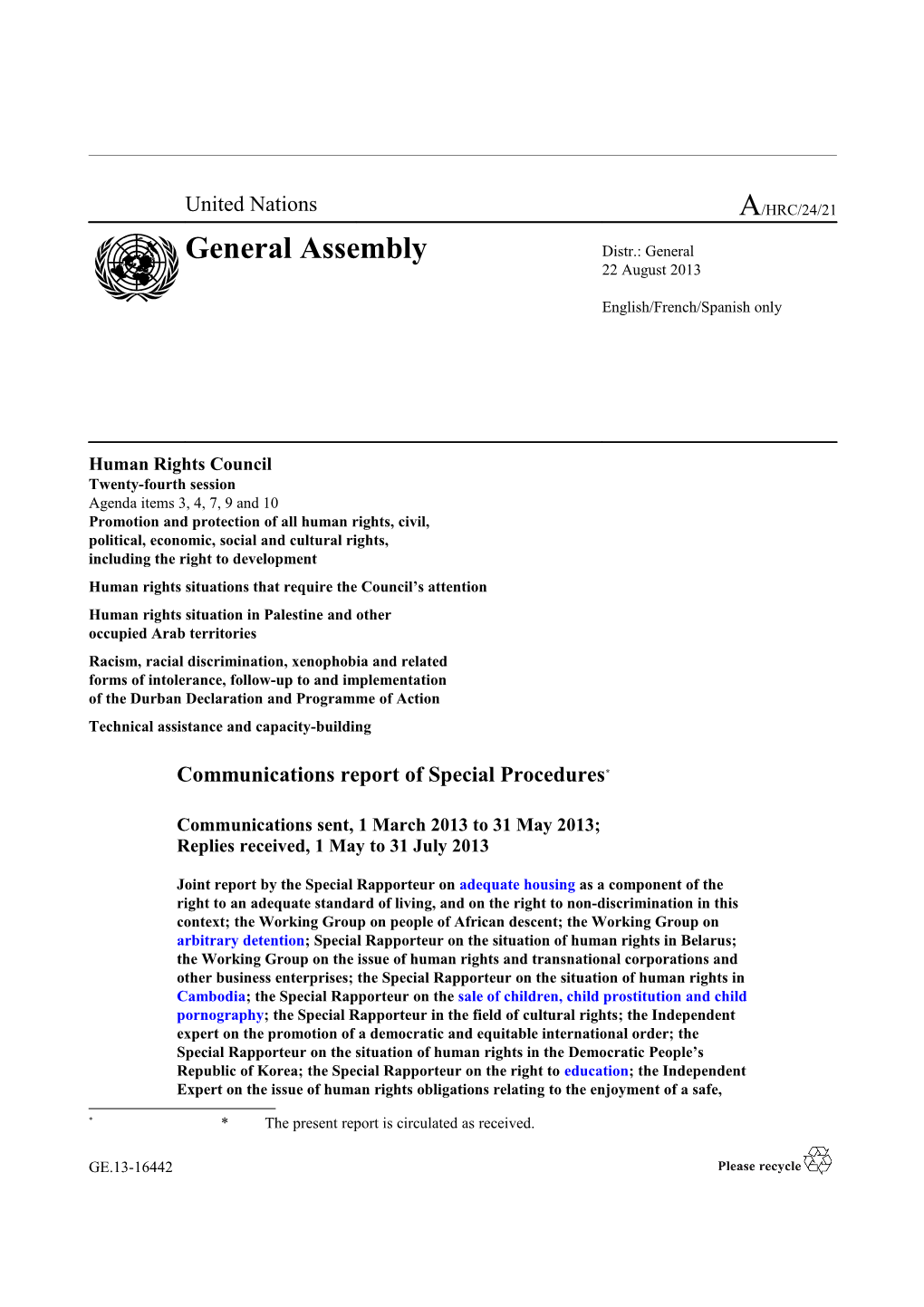 Communications Report of Special Procedures - Communications Sent, 1 March 2013 to 31 May